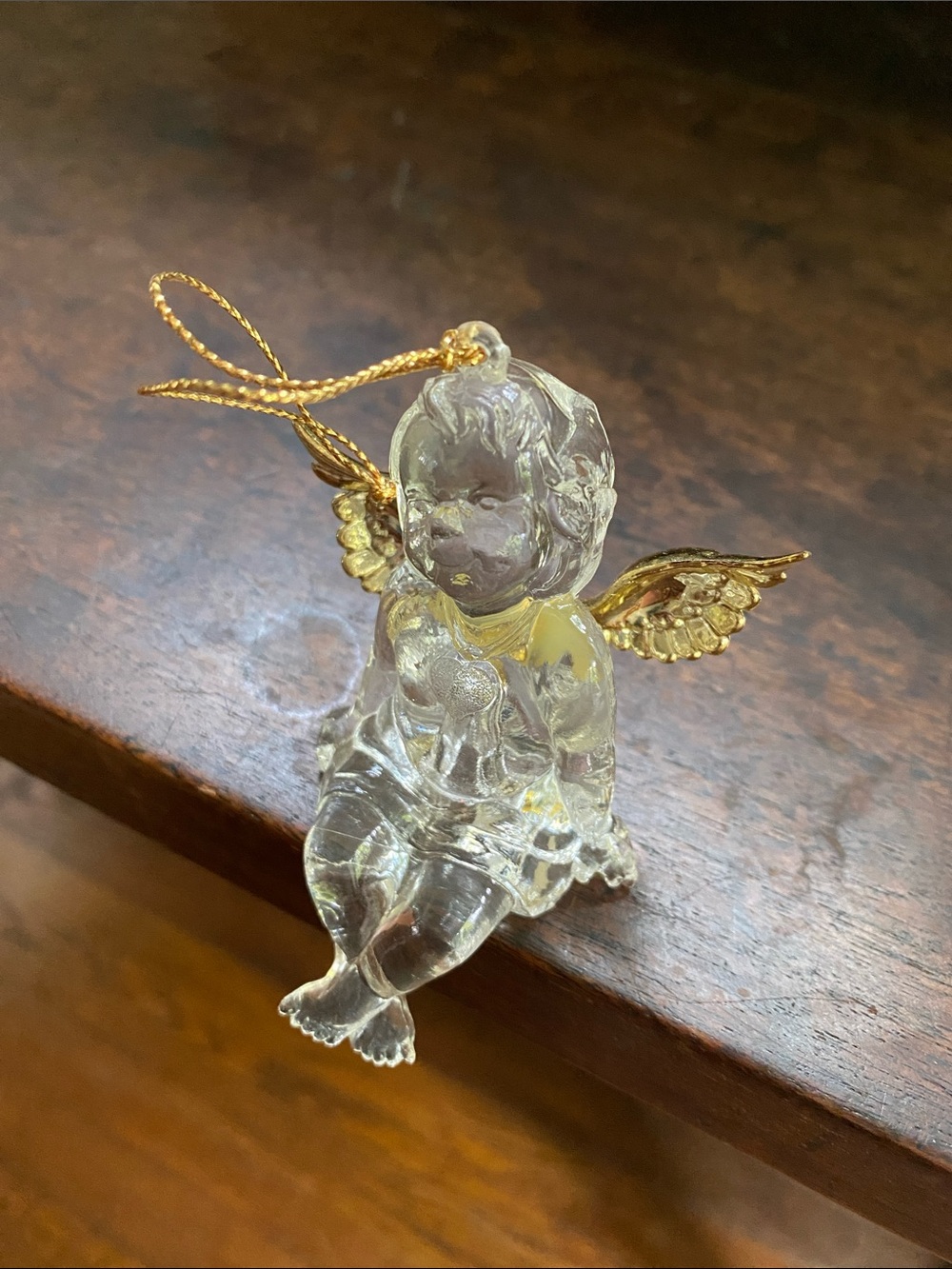 Vintage Acrylic Angel Cherub shelf sitter ornament clear with gold wings